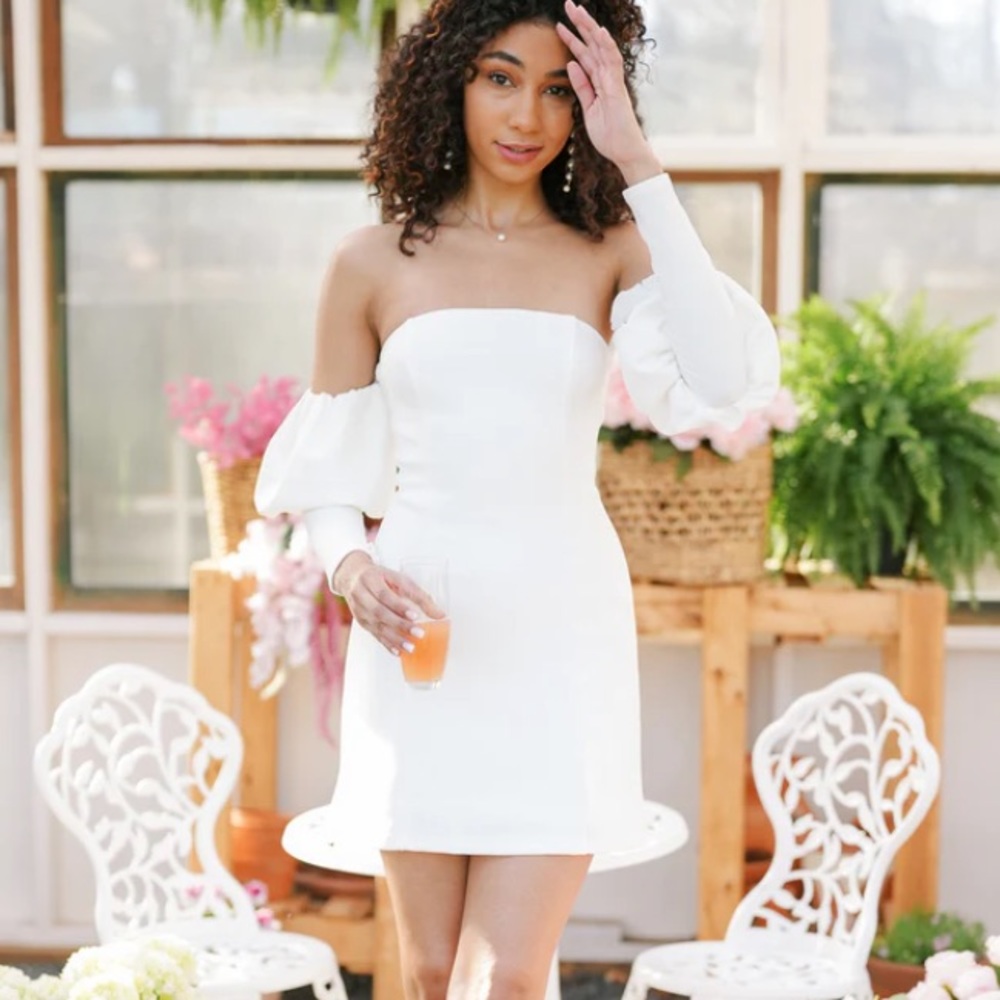 Little white dress boutique off shoulder puff sleeve dress